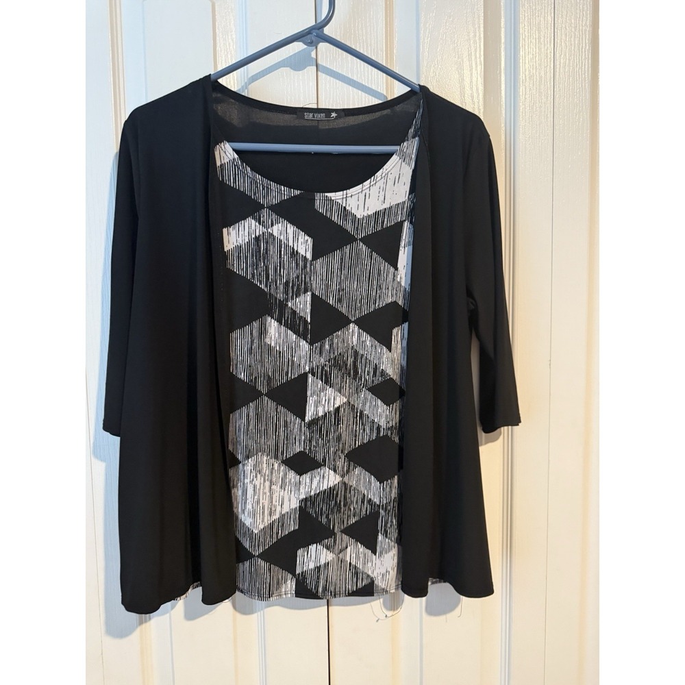 Women's Black 2-in-1‎ Cardigan Tank Top Attached Geometric PTP 18–20